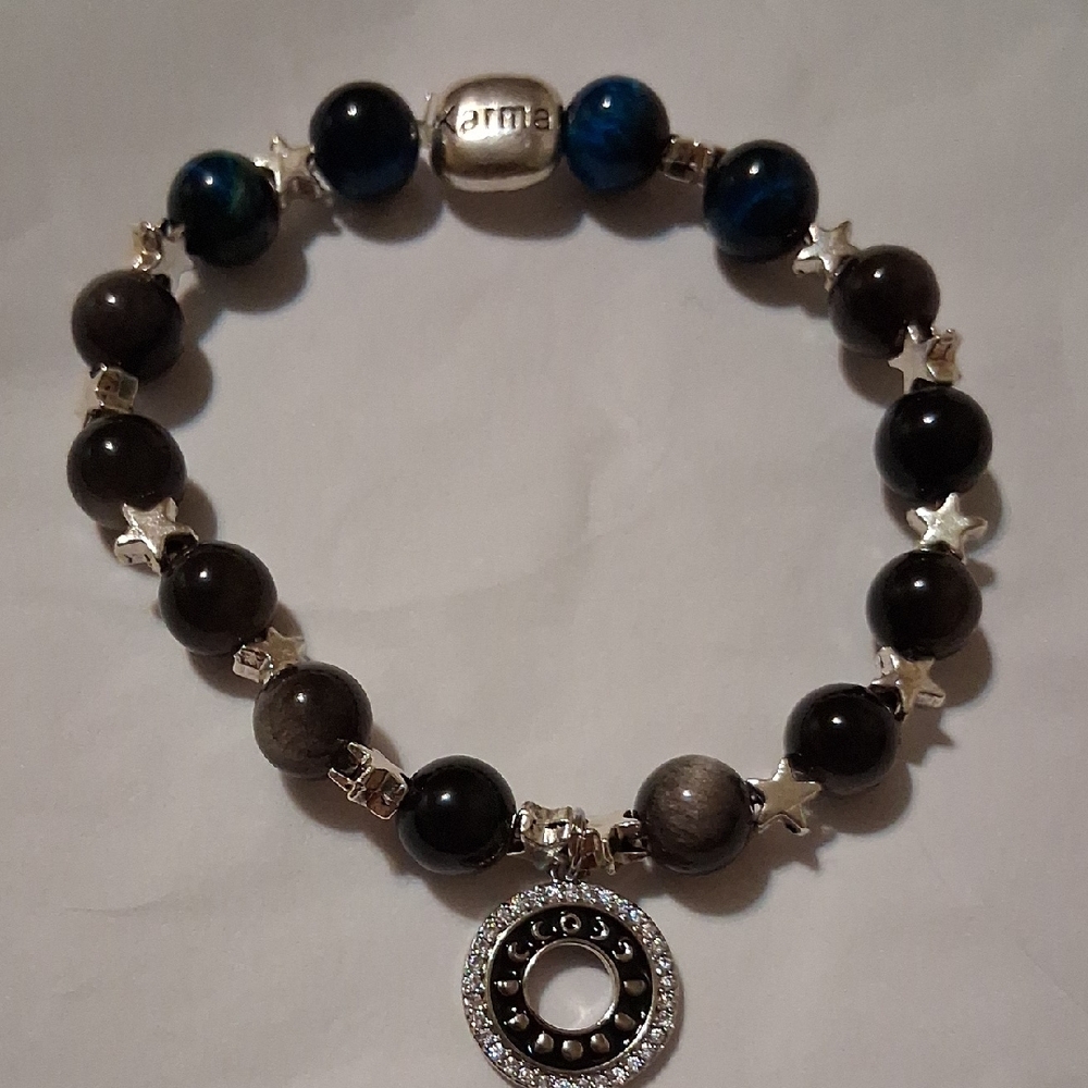 Silver Obsidian & Galaxy Blue Tigers Eye Beaded Charm Bracelet - Women's Jewelry